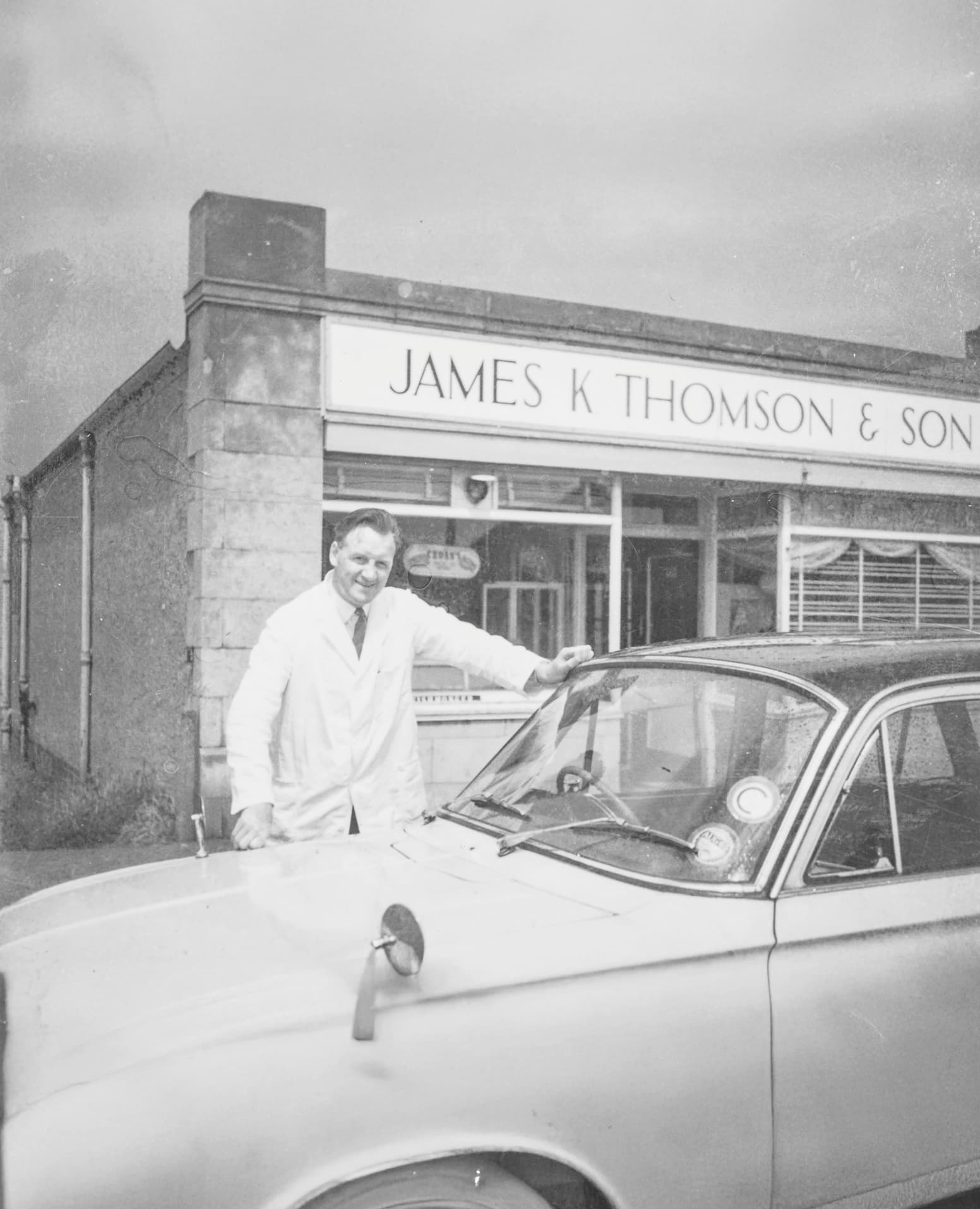 Jim Thomson outside the James K Thomson & Son shop, Port Seton
